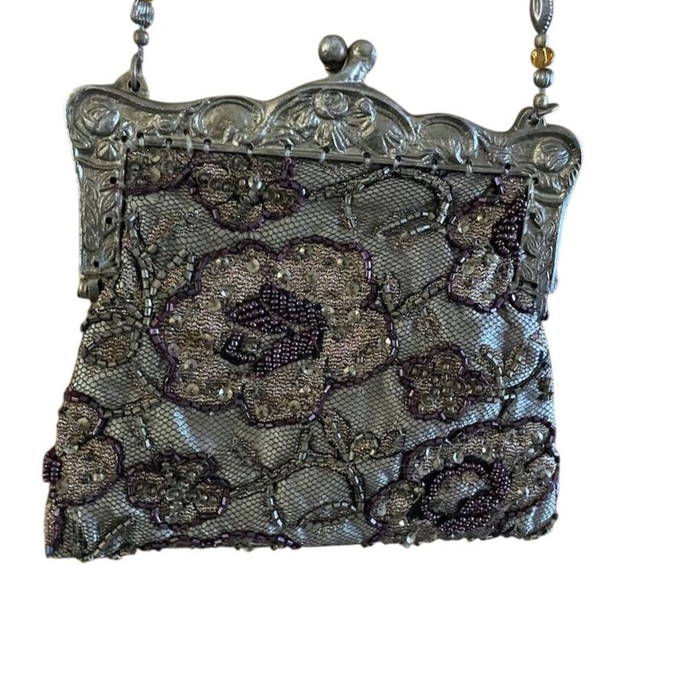 Vintage Christiana Purple Beaded Floral Evening Clutch Bag